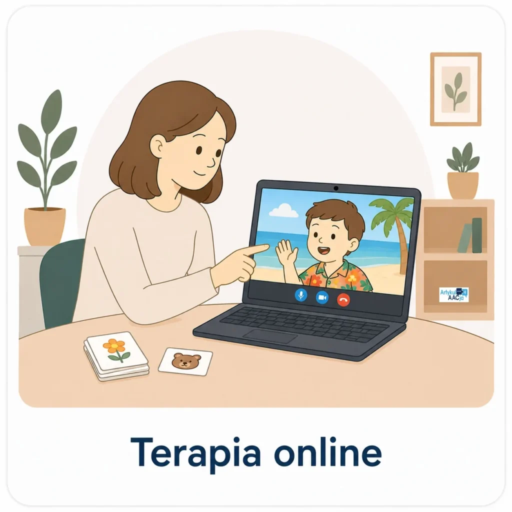 Logopeda prowadzący terapię online z dzieckiem podczas wakacji w Gabinecie ArtykulAACja na Ursynowie